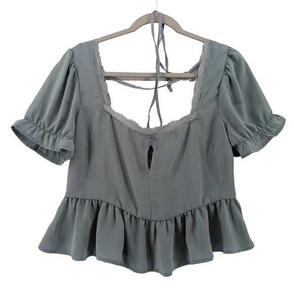 Forever 21 Peplum Blouse L Blue Gray Lace Cutout Keyhole Ruffled Neck Tie Square - Picture 1 of 11